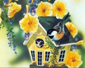 Bird Houses With Yellow Flower Paint By Number