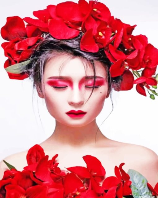 Girl With Red Flowers In Hair paint by numbers