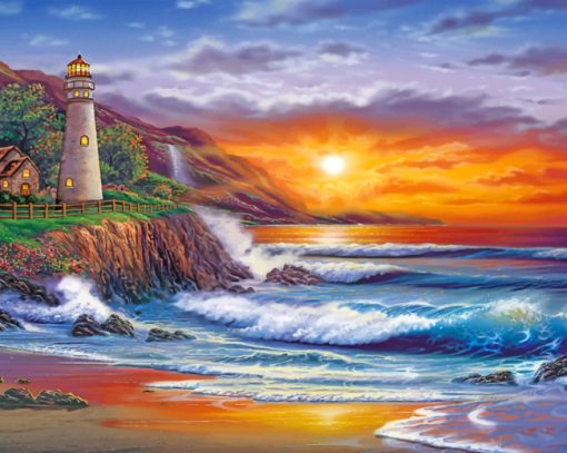 Sunset Beach Lighthouse paint by number