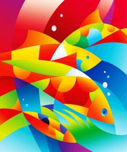 Colorful Cubism Fishes paint by numbers