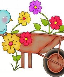 Cute Wheelbarrow With Flowers And Blue Bird Paint By Number