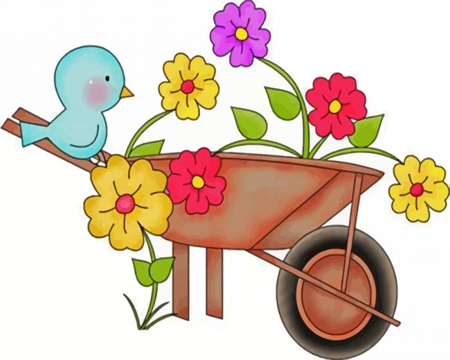 Cute Wheelbarrow With Flowers And Blue Bird Paint By Number