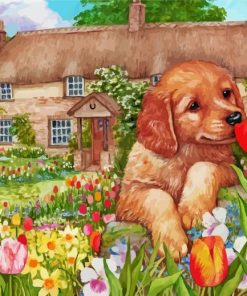 Puppy Smelling Flowers Paint By Number