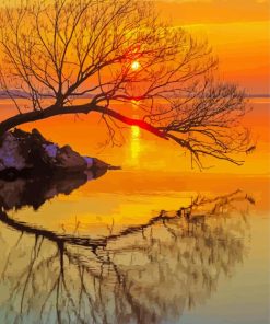 Beautiful Tree By Water At Sunset Paint By Number