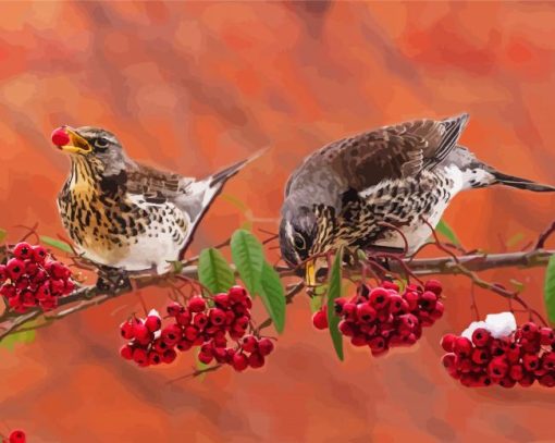 Cute Birds And Red Berries Paint By Number