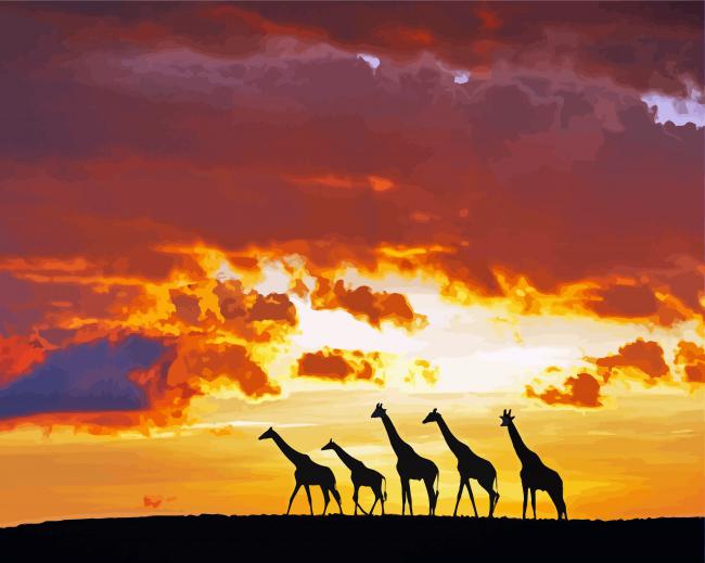 Giraffes Animals Silhouette At Sunset Paint By Number