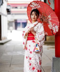 Japanese Lady With Umbrella And Kimono Paint By Number