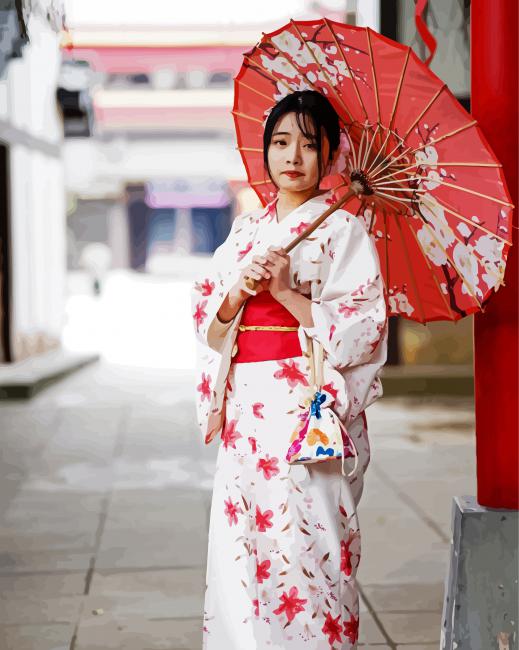 Japanese Lady With Umbrella And Kimono Paint By Number