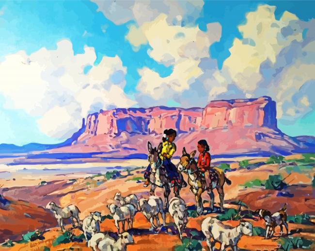 Navajo Girls On Donkeys Herding Sheep By Marjorie Reed Paint By Number