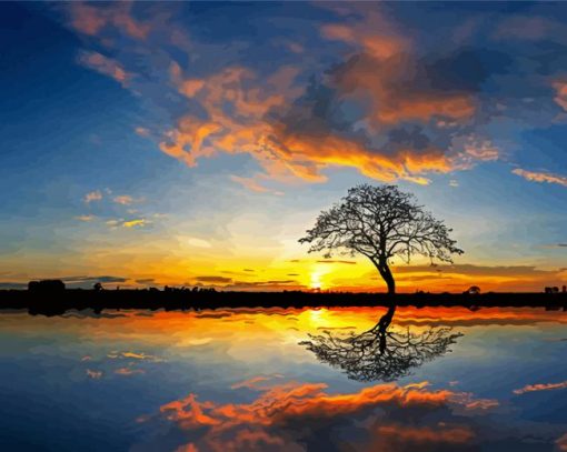 Panorama Beautiful Tree By Water At Sunset Paint By Number