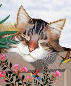 Sleepy Cat And Hummingbird Paint By Number