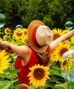 Woman In Sunflowers Field With Bubbles Paint By Number