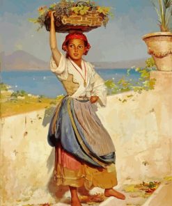 Young Woman Carrying Basket Of Wood Paint By Number