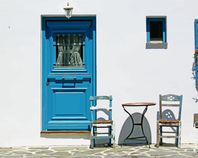 Blue Greek Door And Two Chairs Paint By Number