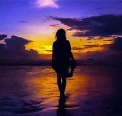 Girl Walking On Beach At Sunset Paint By Number