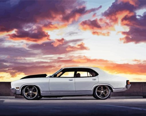 White Ford Falcon Car With Beautiful Sunset Paint By Number