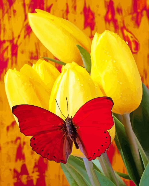 Red Butterfly And Tulips paint by numbers