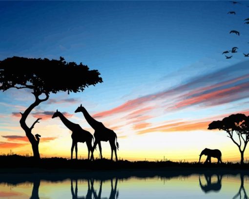 African Animals Silhouette Landscape Paint By Number