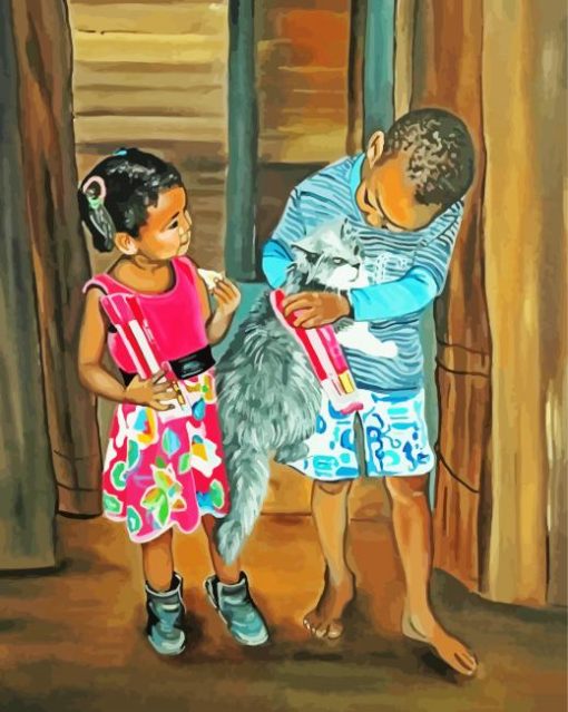 African Children With Cat Paint By Numbers