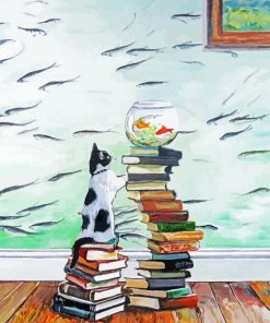 Cat And Fish With Books Paint By Number