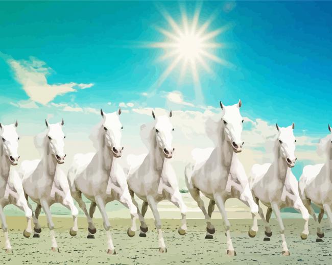 White Seven Running Horses At Sunrise Paint By Number