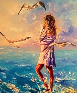 Woman In Beach With Seagulls Art Paint By Numbers
