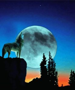 Aesthetic Full Moon With Howling Wolf Illustration Paint By Number
