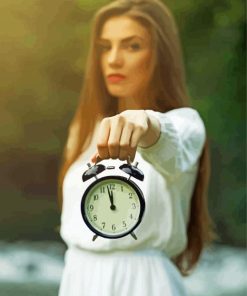 A Girl With White Dress And Clock Paint By Number