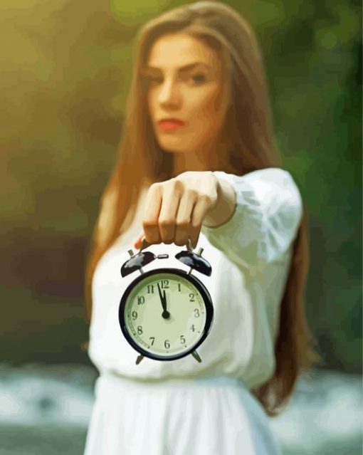 A Girl With White Dress And Clock Paint By Number