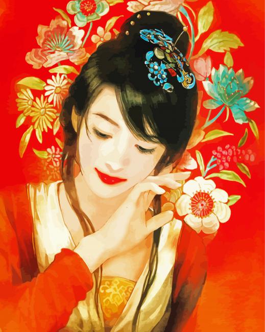 Asian Girl With Flowers Paint By Numbers