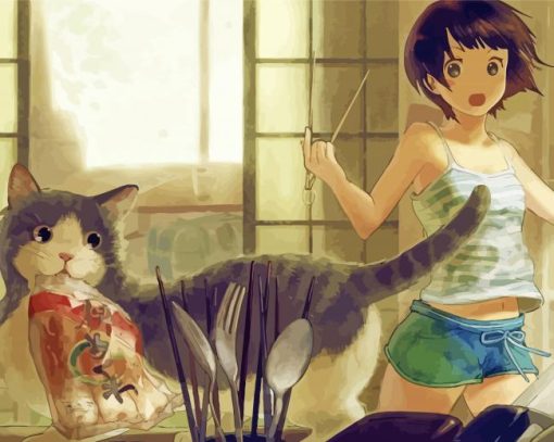 Cat In Kitchen Anime Paint By Numbers