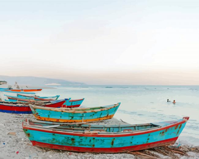 Row Of Wood Boats On Beach Art Paint By Numbers