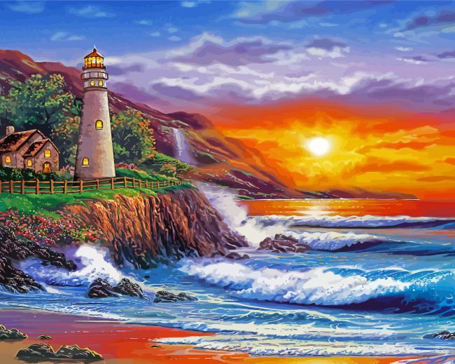 Sunset Lighthouse Waterfall Seascape Paint By Numbers