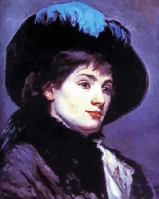 Young Lady Wearing A Hat With A Blue Feather By Marie Bashkirtseff Paint By Numbers