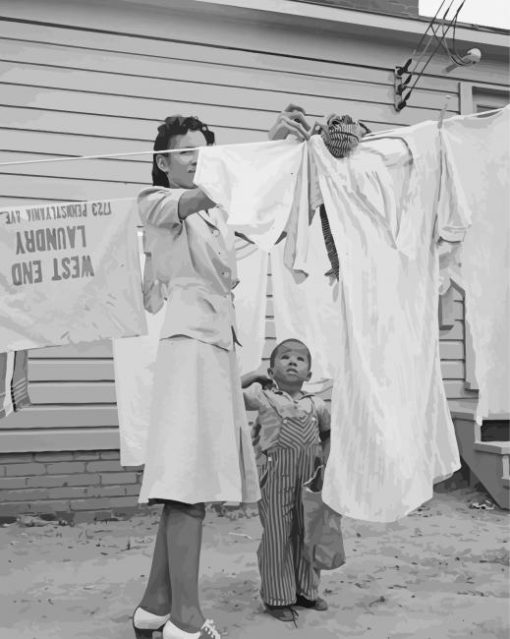 Black And White Women Hanging Laundry Paint By Number