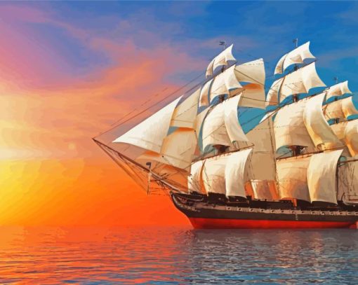 Rigged Ship Sunset Paint By Number