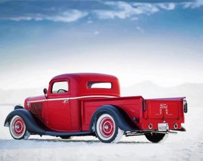 Classic Red Pick Up In Snow Paint By Number