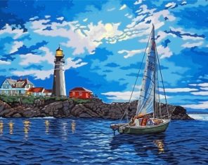 Lighthouse And Sailboat At Night Paint By Numbers