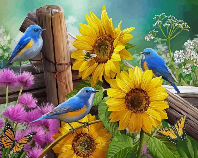 Sunflower And Blue Bird With Butterflies Paint By Numbers