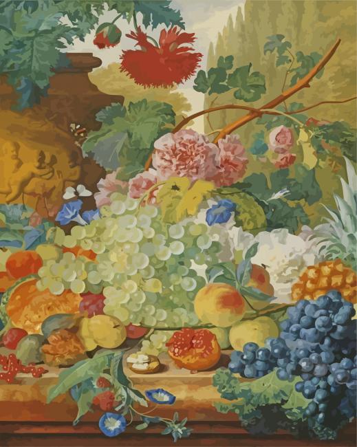 A Still Life Of Flowers And Fruit Upon A Ledge In A Park Setting Huysum Paint By Numbers