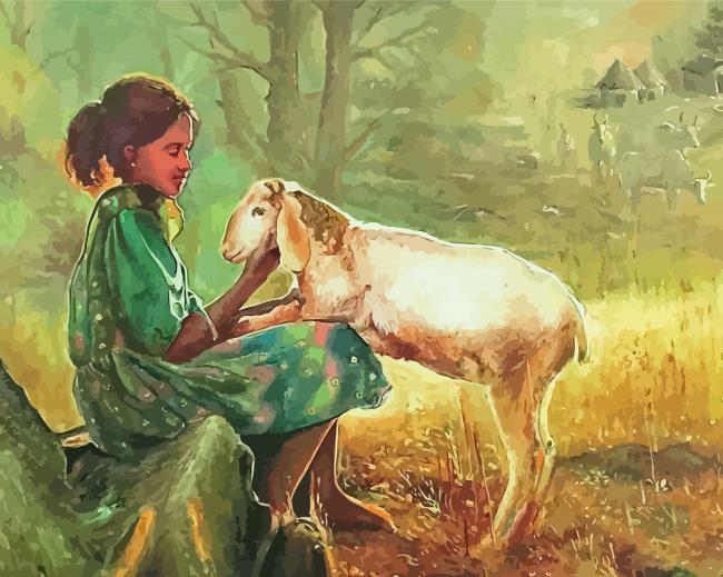 Cute Girl With Sheep Paint By Numbers