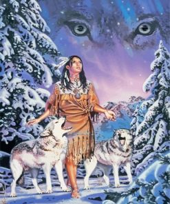 Indian Woman And Wolves In Snow Paint By Numbers